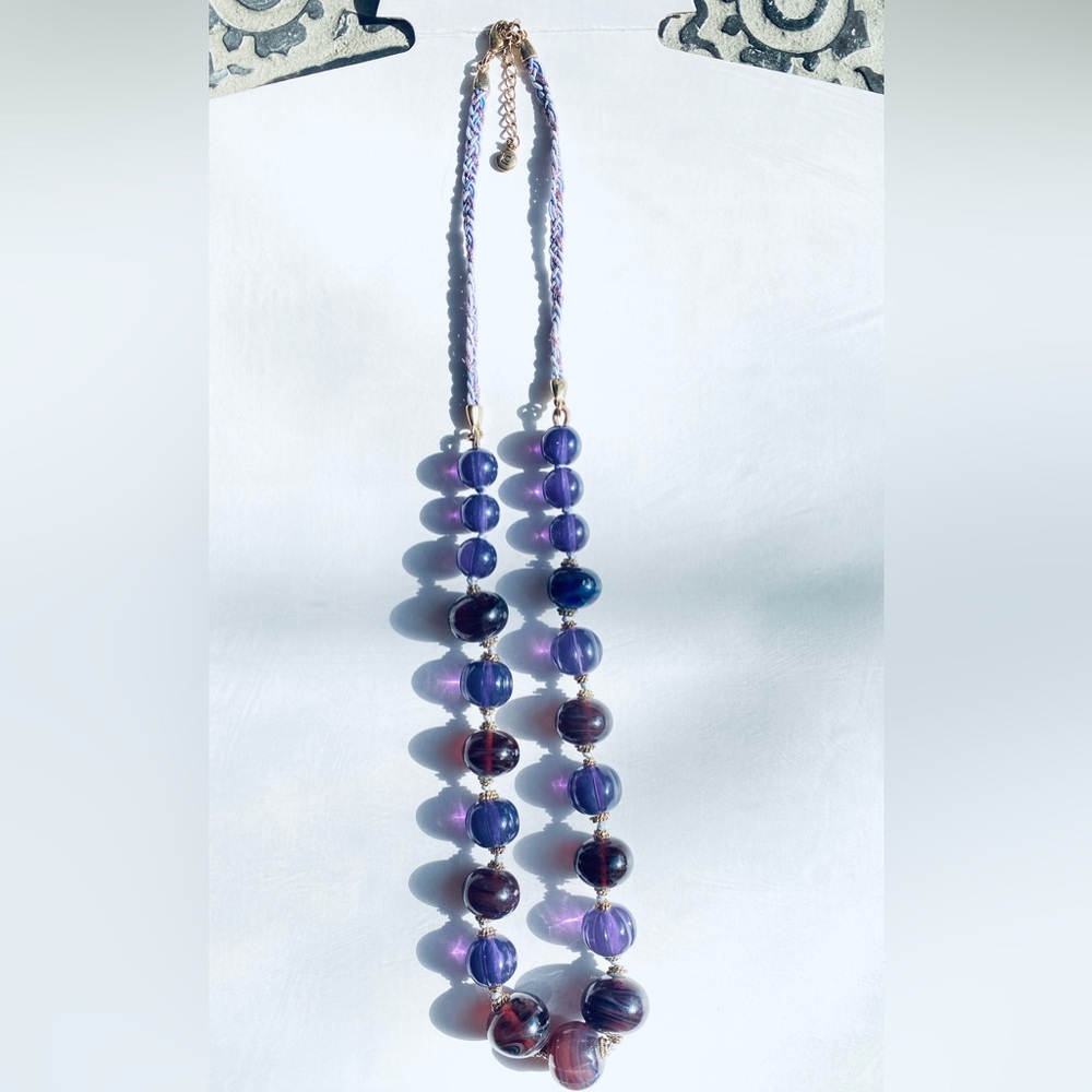 Liz Claiborne Purple Graduated Bead Necklace Heavy Glass signed 24"